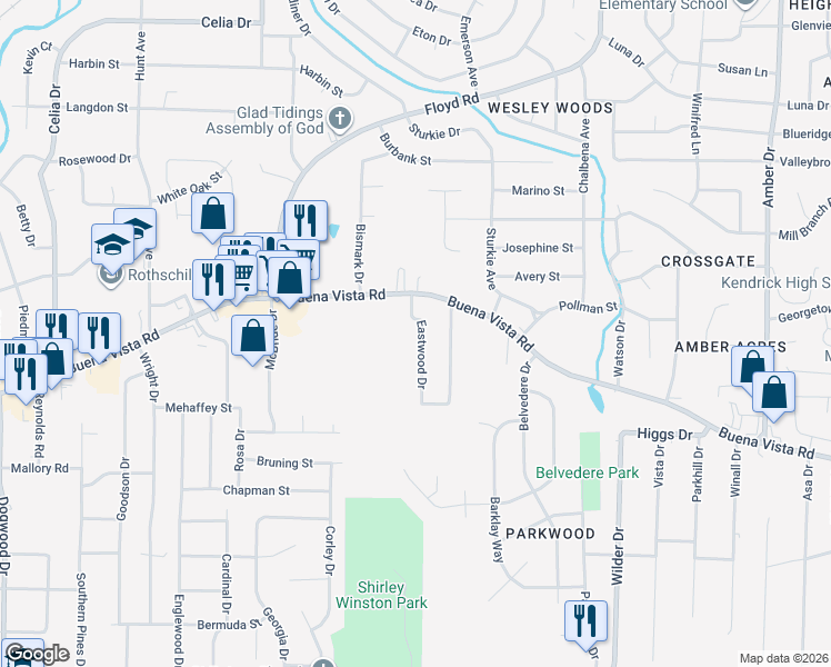 map of restaurants, bars, coffee shops, grocery stores, and more near 945 Eastwood Drive in Columbus