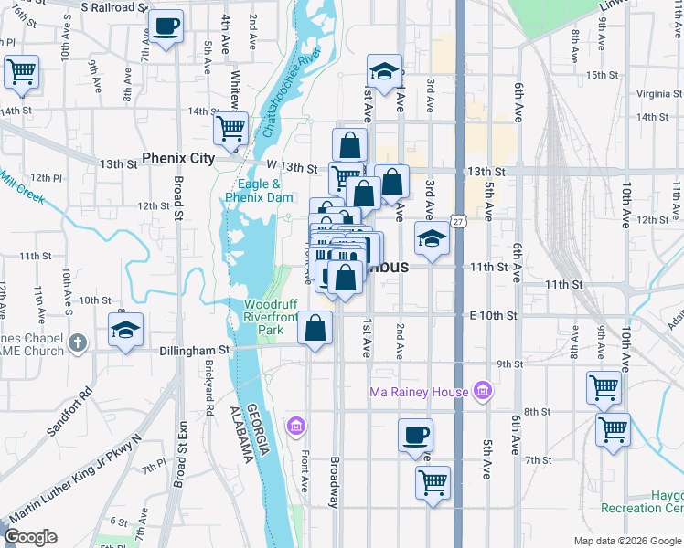 map of restaurants, bars, coffee shops, grocery stores, and more near 1048 Broadway in Columbus