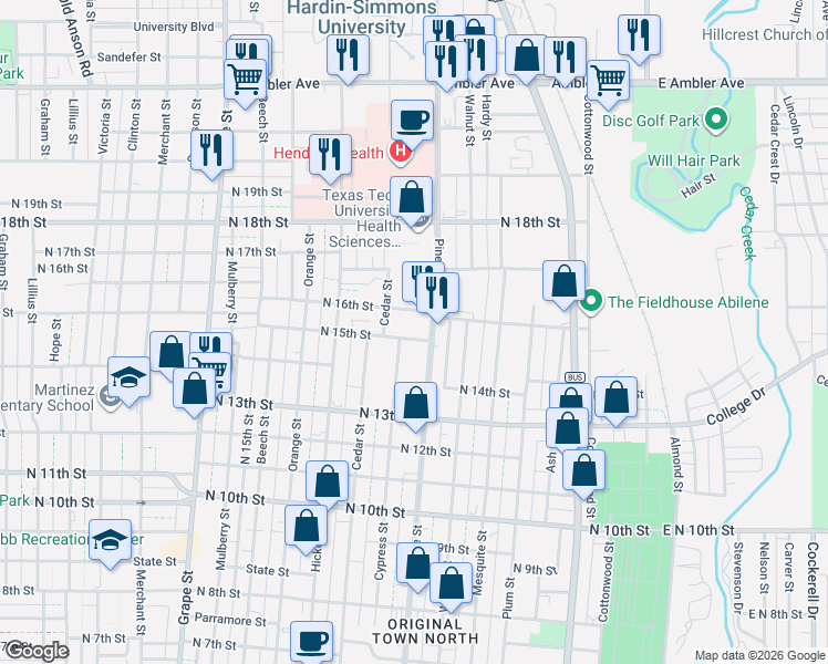 map of restaurants, bars, coffee shops, grocery stores, and more near 1466 Pine Street in Abilene