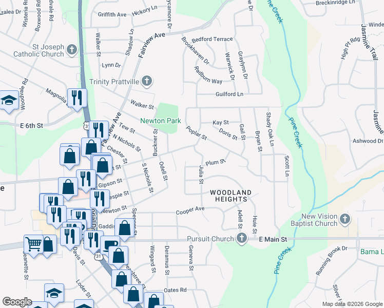 map of restaurants, bars, coffee shops, grocery stores, and more near 104 Julia Street in Prattville