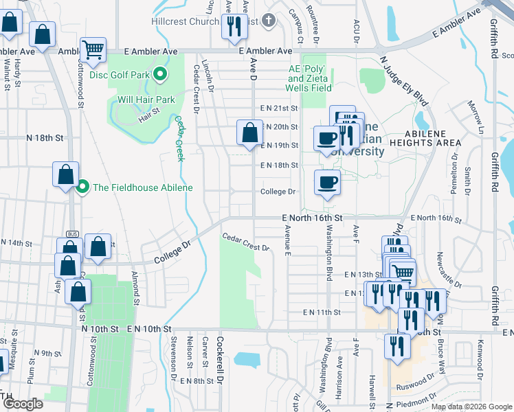map of restaurants, bars, coffee shops, grocery stores, and more near 604 East North 16th Street in Abilene