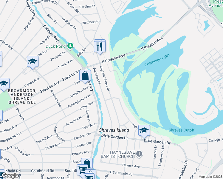 map of restaurants, bars, coffee shops, grocery stores, and more near 1619 Captain Shreve Drive in Shreveport