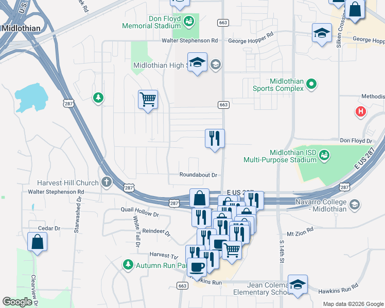 map of restaurants, bars, coffee shops, grocery stores, and more near 1632 West Pleasant Drive in Midlothian