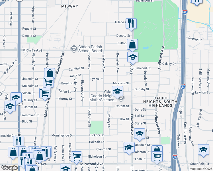 map of restaurants, bars, coffee shops, grocery stores, and more near 1740 Vivian Street in Shreveport