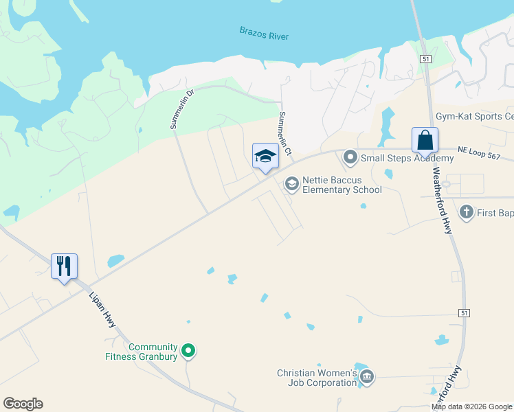 map of restaurants, bars, coffee shops, grocery stores, and more near 1101 Loop 567 in Granbury