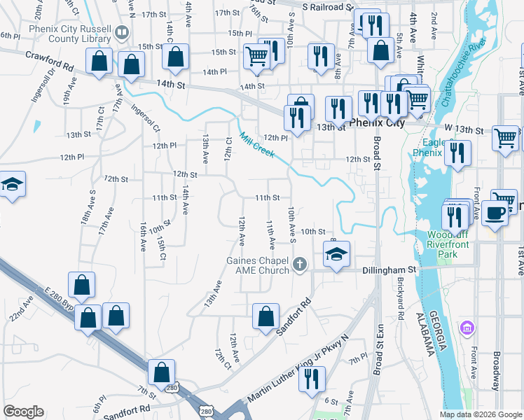 map of restaurants, bars, coffee shops, grocery stores, and more near 1009 11th Avenue in Phenix City