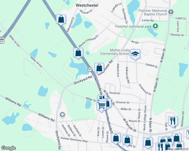 map of restaurants, bars, coffee shops, grocery stores, and more near 3349 Northside Drive West in Statesboro