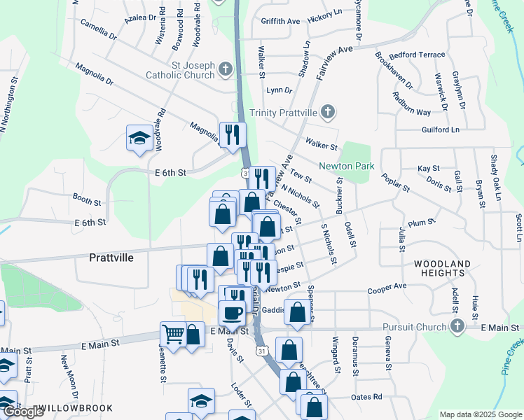 map of restaurants, bars, coffee shops, grocery stores, and more near 136 Fairview Avenue in Prattville