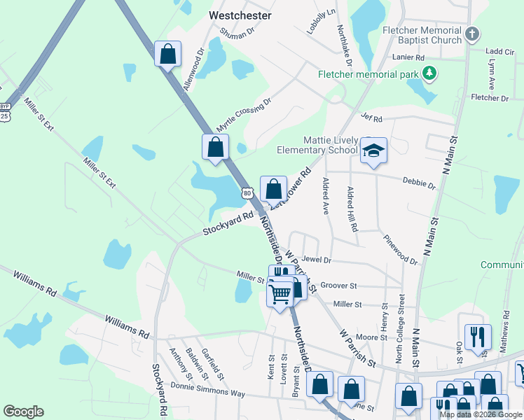 map of restaurants, bars, coffee shops, grocery stores, and more near 3357 Northside Drive West in Statesboro