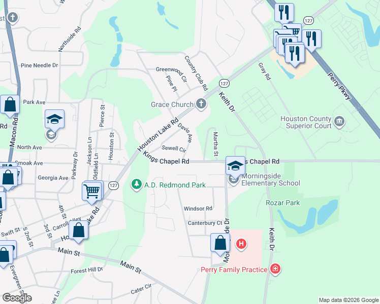 map of restaurants, bars, coffee shops, grocery stores, and more near 1301 Davis Avenue in Perry