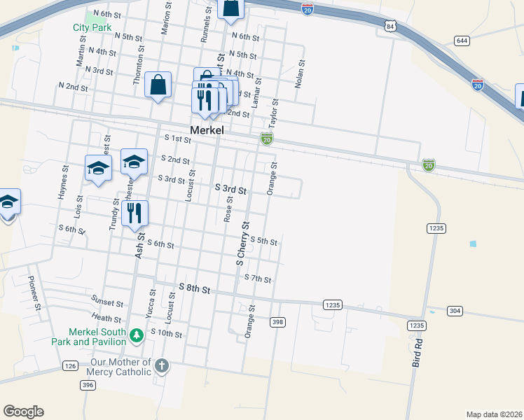 map of restaurants, bars, coffee shops, grocery stores, and more near 402 Orange Street in Merkel