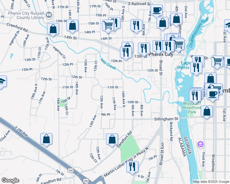 map of restaurants, bars, coffee shops, grocery stores, and more near 1018 11th Avenue in Phenix City