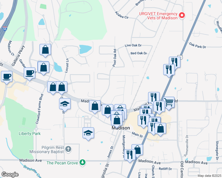 map of restaurants, bars, coffee shops, grocery stores, and more near 381-487 Post Oak Rd in Madison