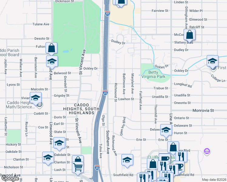 map of restaurants, bars, coffee shops, grocery stores, and more near 4041 Southern Avenue in Shreveport