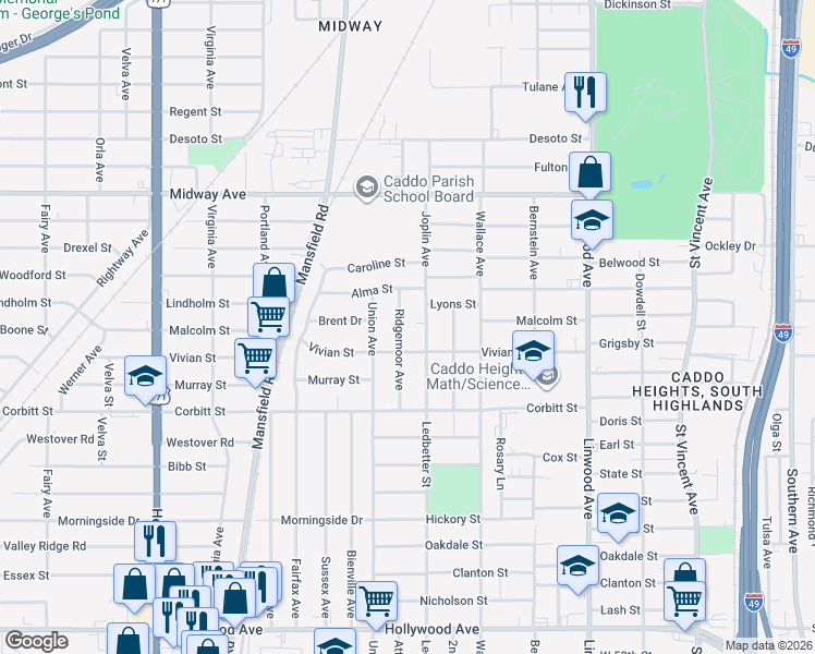 map of restaurants, bars, coffee shops, grocery stores, and more near 1904 Vivian Street in Shreveport