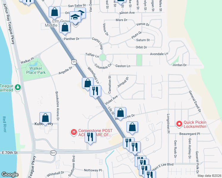 map of restaurants, bars, coffee shops, grocery stores, and more near 5325 Carnation Street in Bossier City