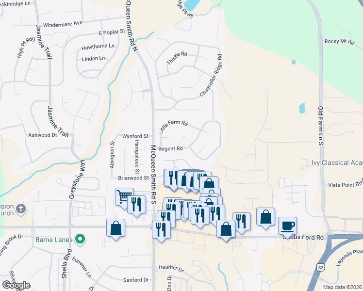 map of restaurants, bars, coffee shops, grocery stores, and more near 2017 Regent Road in Prattville