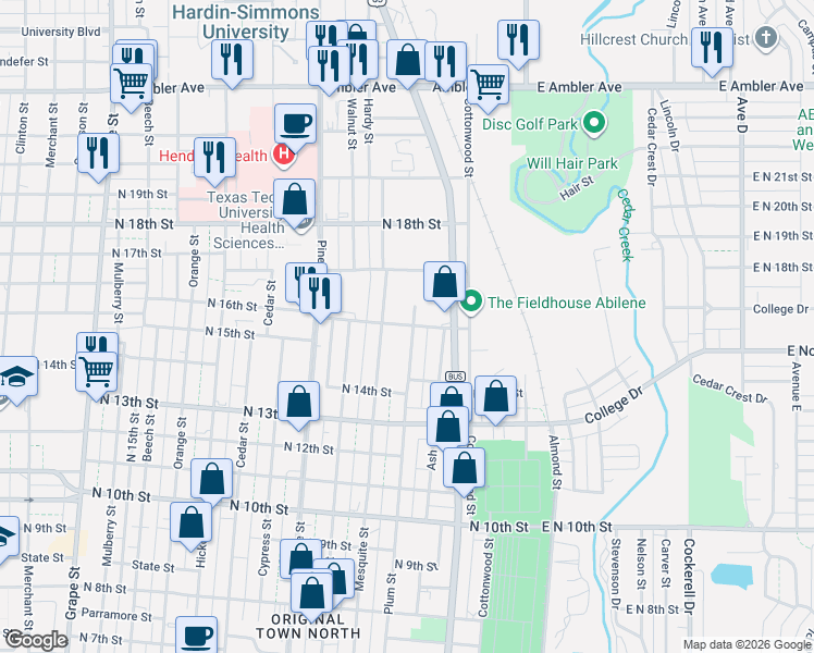 map of restaurants, bars, coffee shops, grocery stores, and more near 1517 Plum Street in Abilene