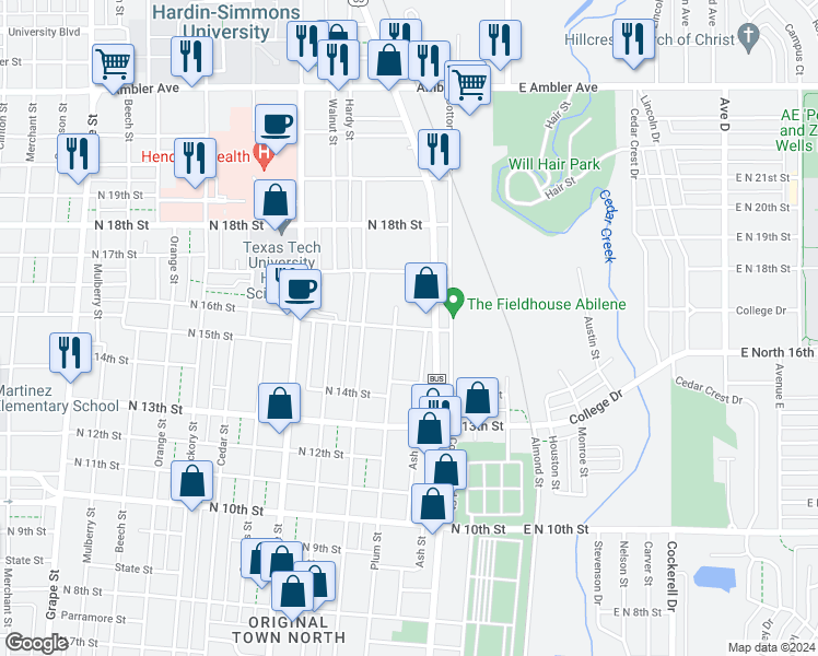 map of restaurants, bars, coffee shops, grocery stores, and more near 624 North 16th Street in Abilene