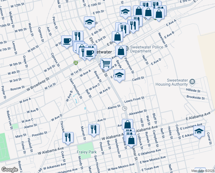 map of restaurants, bars, coffee shops, grocery stores, and more near 310 Bowie Street in Sweetwater