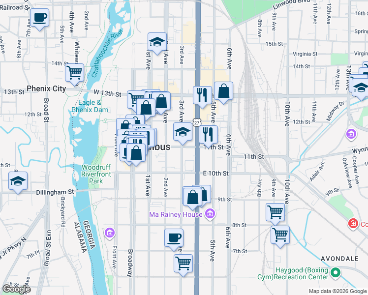 map of restaurants, bars, coffee shops, grocery stores, and more near 300 11th Street in Columbus