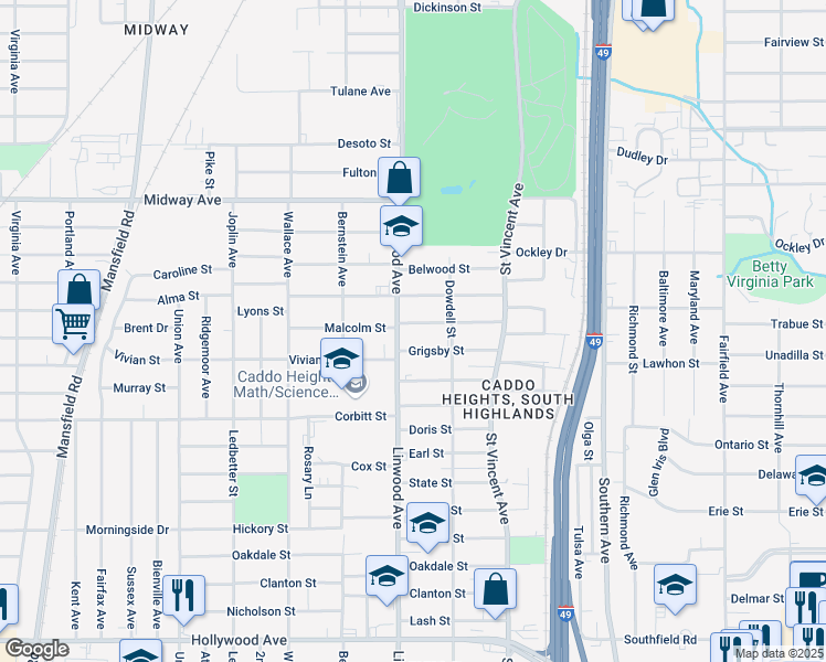 map of restaurants, bars, coffee shops, grocery stores, and more near 1527 Grigsby Street in Shreveport