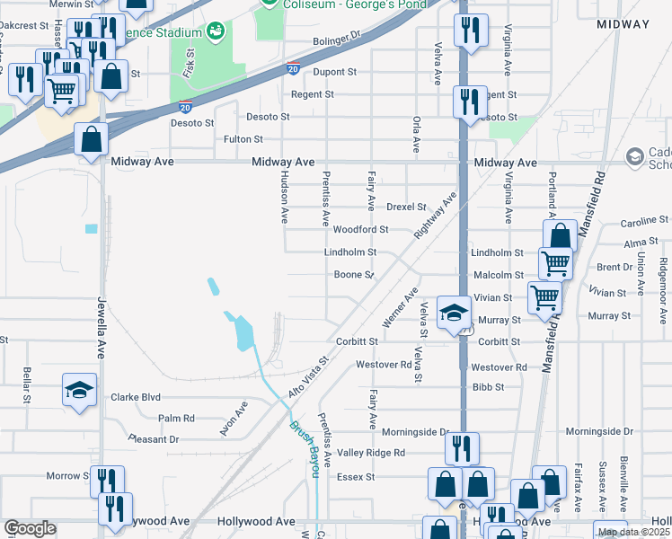 map of restaurants, bars, coffee shops, grocery stores, and more near 3056 Syphon Street in Shreveport