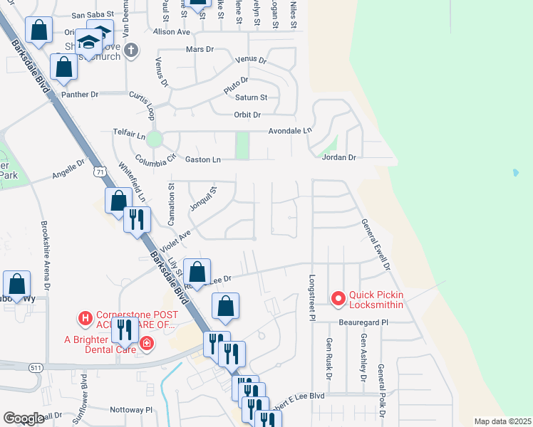 map of restaurants, bars, coffee shops, grocery stores, and more near 1990 Wild Iris in Bossier City