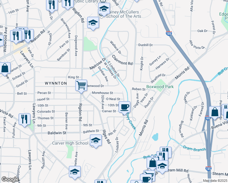 map of restaurants, bars, coffee shops, grocery stores, and more near 3315 O Neal Street in Columbus