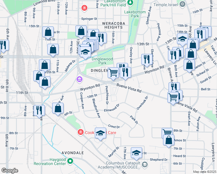map of restaurants, bars, coffee shops, grocery stores, and more near 1003 Peachtree Drive in Columbus