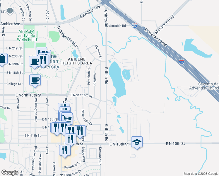 map of restaurants, bars, coffee shops, grocery stores, and more near 1633 Griffith Road in Abilene