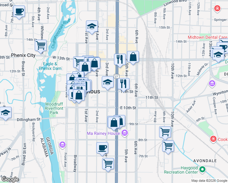 map of restaurants, bars, coffee shops, grocery stores, and more near 320 11th Street in Columbus