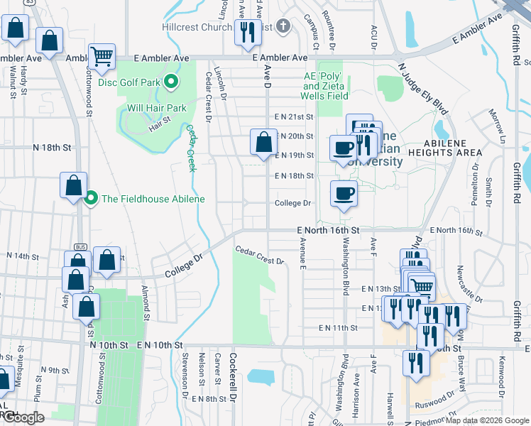 map of restaurants, bars, coffee shops, grocery stores, and more near 1634 Avenue D in Abilene
