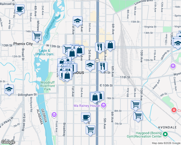 map of restaurants, bars, coffee shops, grocery stores, and more near 311 11th Street in Columbus