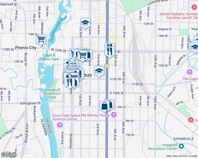 map of restaurants, bars, coffee shops, grocery stores, and more near 303 11th Street in Columbus