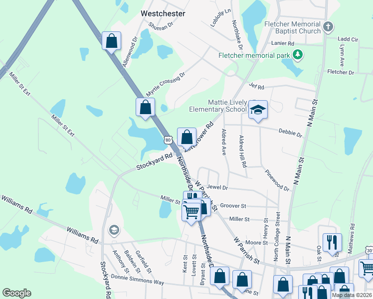 map of restaurants, bars, coffee shops, grocery stores, and more near 3310 Northside Drive West in Statesboro