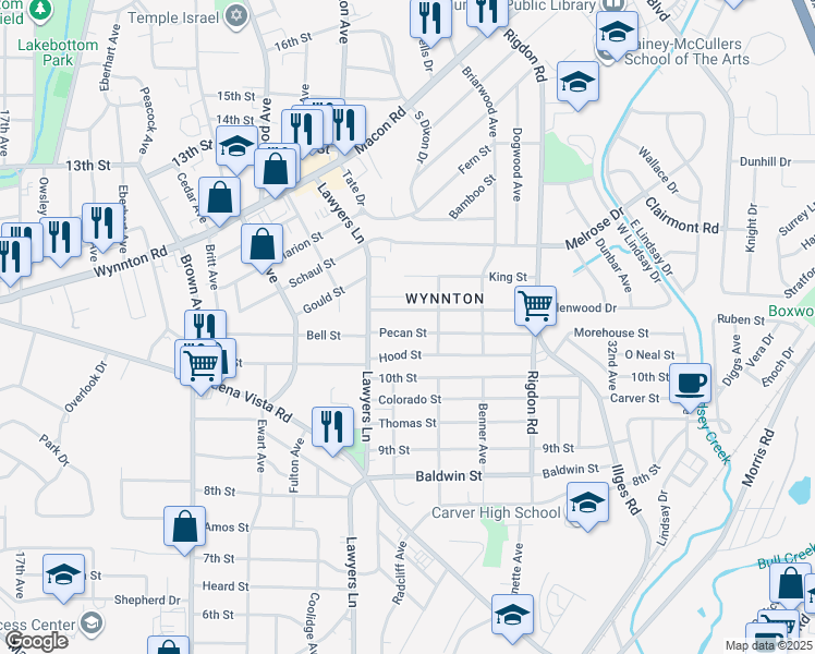 map of restaurants, bars, coffee shops, grocery stores, and more near 2703 Hood Street in Columbus