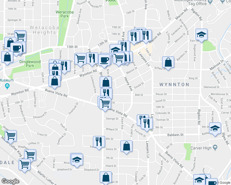 map of restaurants, bars, coffee shops, grocery stores, and more near 2220 Bell Street in Columbus