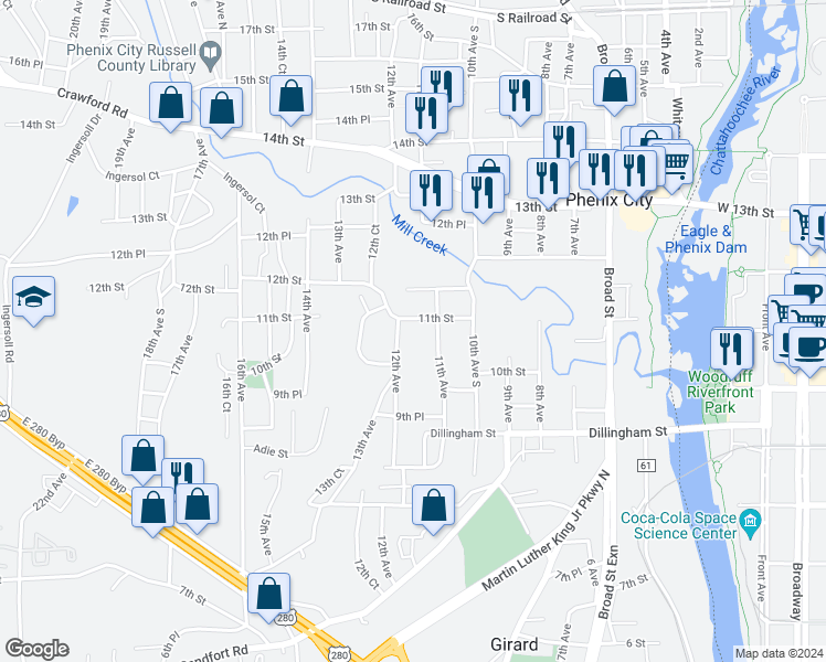 map of restaurants, bars, coffee shops, grocery stores, and more near 1009 11th Avenue in Phenix City
