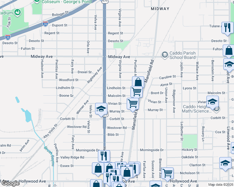 map of restaurants, bars, coffee shops, grocery stores, and more near 2607 Malcolm Street in Shreveport