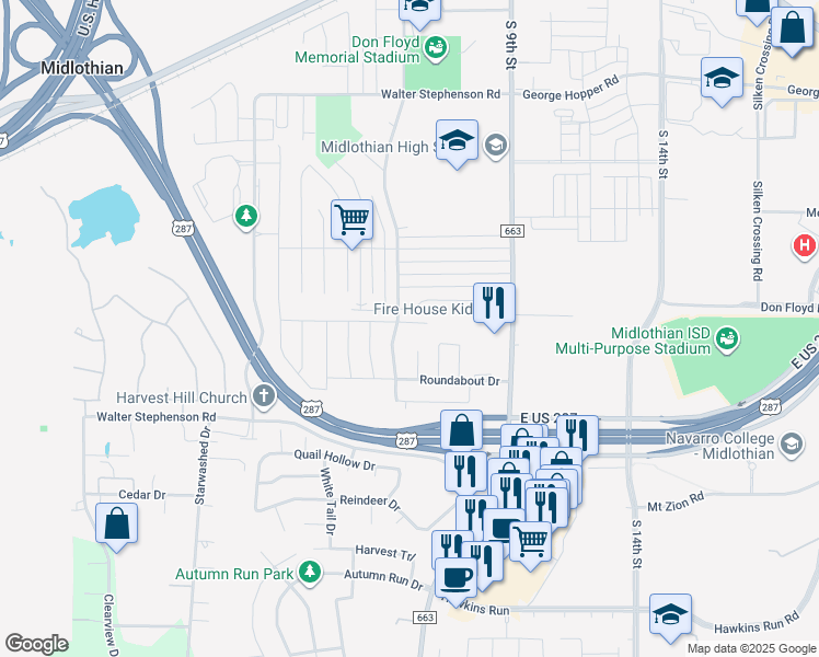 map of restaurants, bars, coffee shops, grocery stores, and more near 1635 Greenway Court in Midlothian