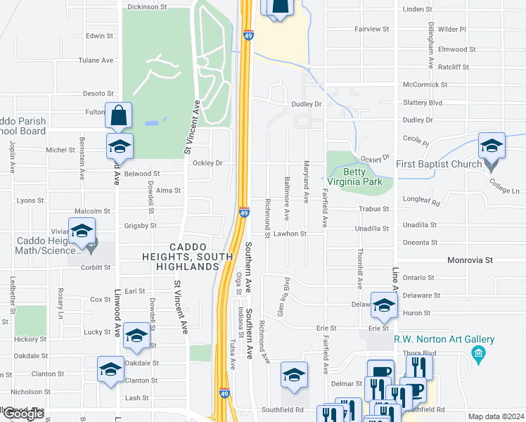 map of restaurants, bars, coffee shops, grocery stores, and more near 4018 Richmond Avenue in Shreveport