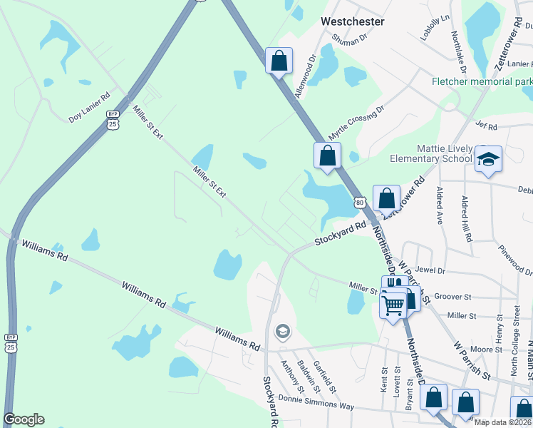 map of restaurants, bars, coffee shops, grocery stores, and more near 107 Buckhaven Way in Statesboro