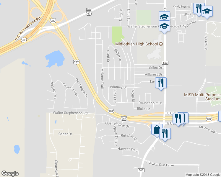 map of restaurants, bars, coffee shops, grocery stores, and more near 1602 Country Hills Drive in Midlothian