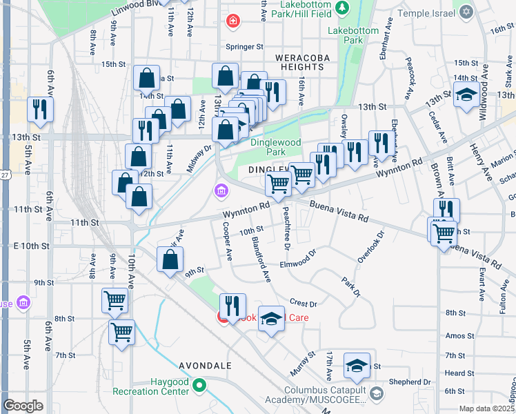 map of restaurants, bars, coffee shops, grocery stores, and more near 1415 Wynnton Road in Columbus