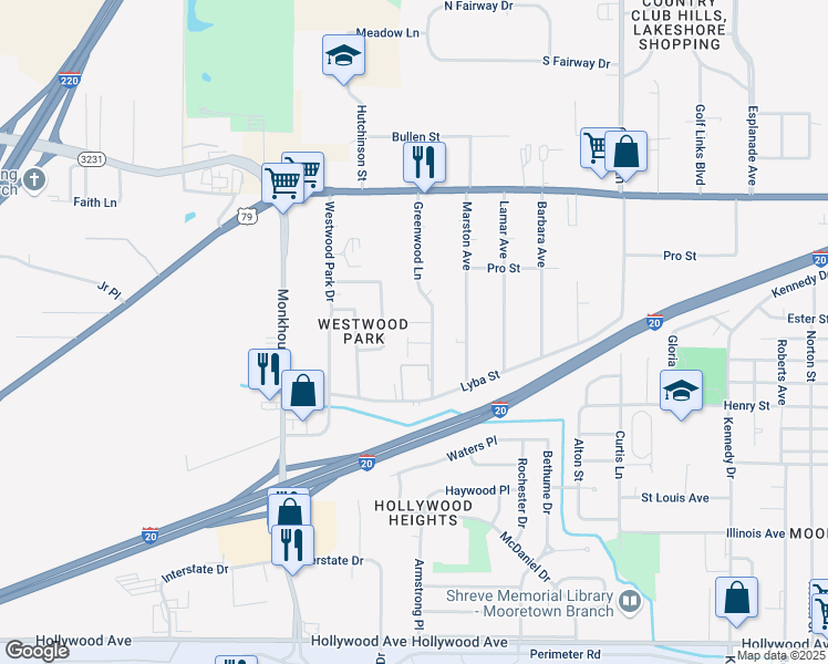 map of restaurants, bars, coffee shops, grocery stores, and more near 4600 Greenwood Road in Shreveport