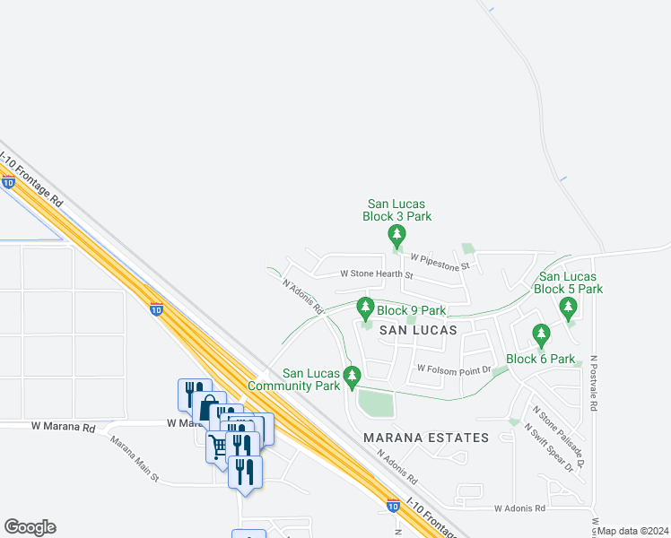 map of restaurants, bars, coffee shops, grocery stores, and more near 11584 West Stone Hearth Street in Marana