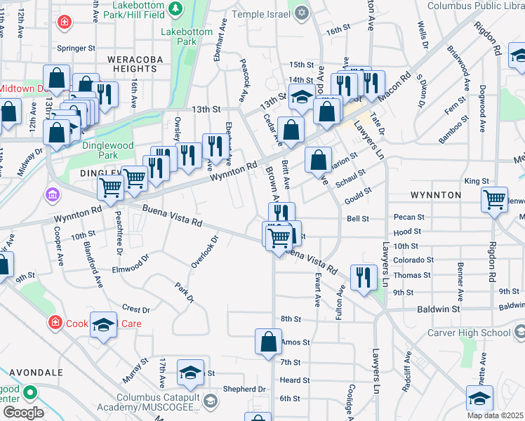 map of restaurants, bars, coffee shops, grocery stores, and more near 1102 Lockwood Avenue in Columbus