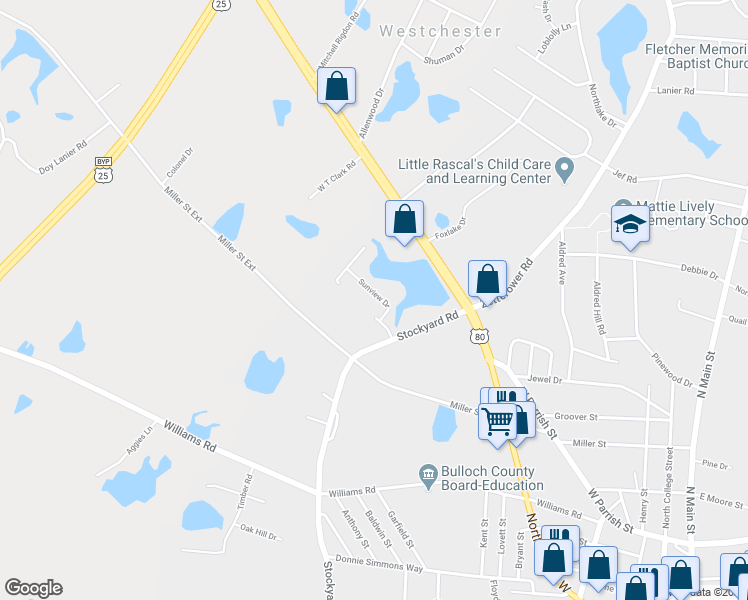 map of restaurants, bars, coffee shops, grocery stores, and more near 213 Sunview Drive in Statesboro