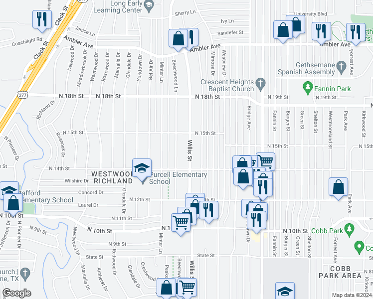 map of restaurants, bars, coffee shops, grocery stores, and more near 1442 North Willis Street in Abilene